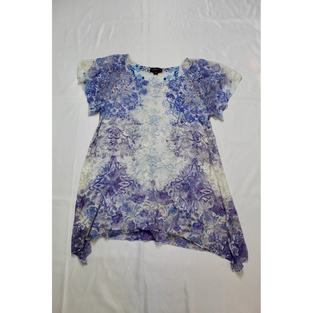 Cal Style Blue Purple Lace Tunic Top Rhinestone Paisley Handkerchief Hem Medium